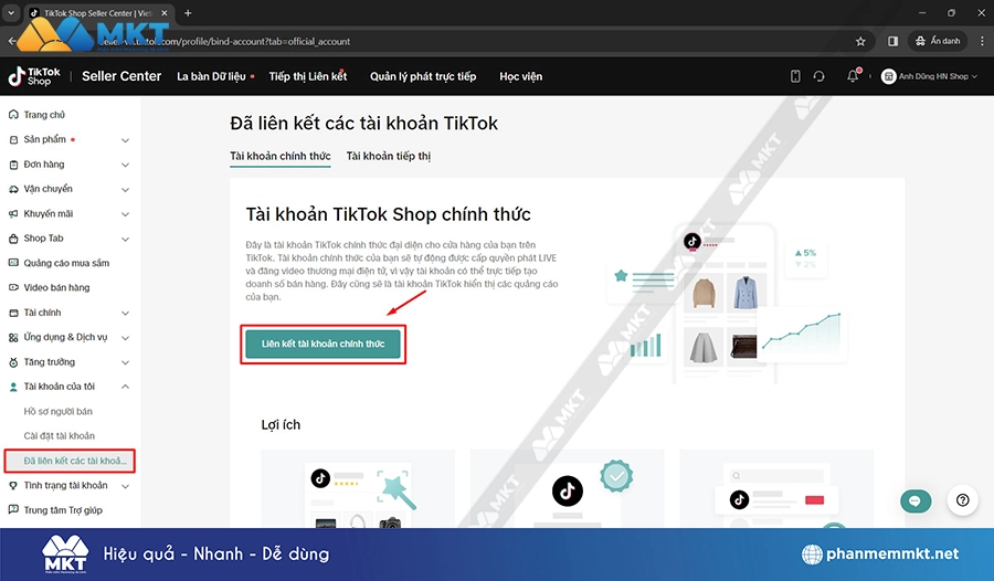 Chọn Liên kết tài khoản chính thức Chọn Liên kết với tài khoản chính thức
